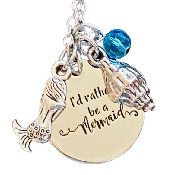 I’d Rather Be A Mermaid Shell Bead Silver Tone Charm Necklace NWT - Picture 2 of 9